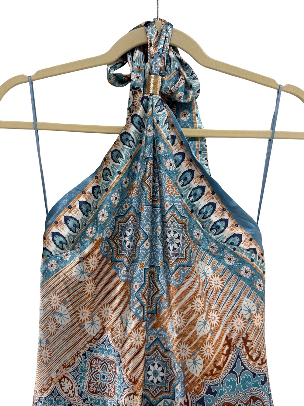Thirty Thirty Paisley Halter Mini Dress Blue Tan S NWT - Picture 2 of 10